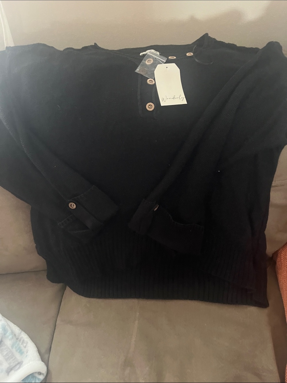 Wonderly Black Henley Scoop Neck Button Sweater